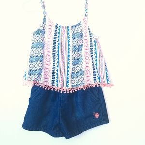 Girls U.S. Polo Assoc Romper-Denim Shorts & Southwest Print Sleeveless Top 3T